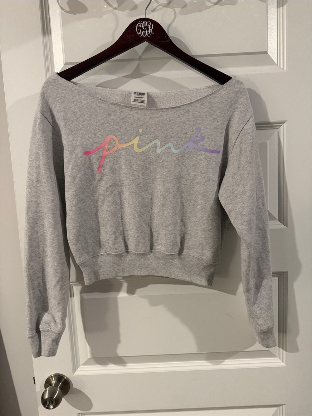 PINK Victoria's Secret Gray Cropped Sweatshirt with Rainbow Script PINK logo XS